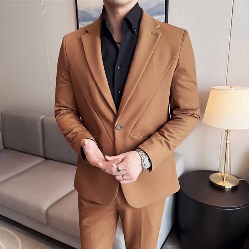 (Jacket+Pant) New Men Pure Color Business Social Wedding Party Suit Fashion Male Banquet Party Slim Fit Dress Blazer and Trouser X250704