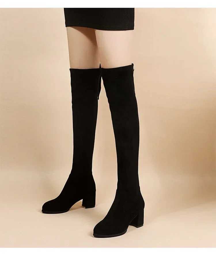 Faux Suede Female Heels Autumn Zipper Elastic Knee-high Boots for Women Tube Lace-up Thigh Gigh Boots Black Botas Mujer Z250704