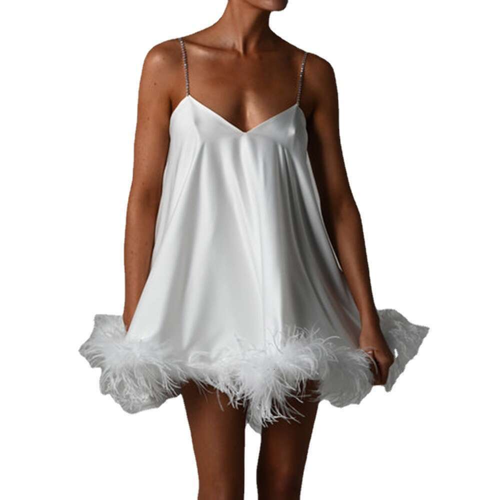 White Skirt Maxi Skirt Summer New Women S Fashion Hardware Chain Strap Backless Sexy Flared Ostrich Feather Dress Long Skirt