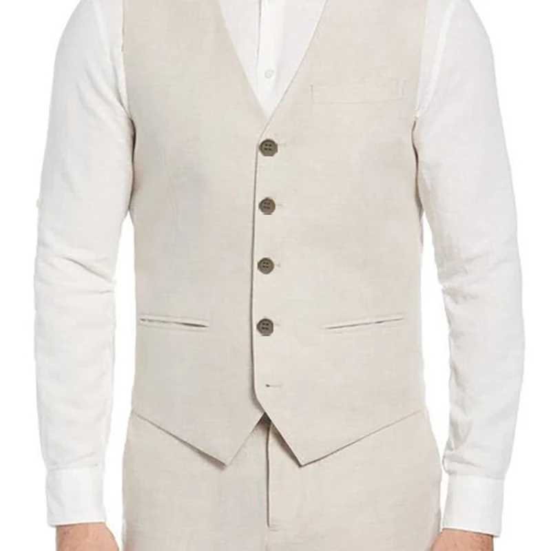 Luxury Beach Wedding Beige Linen Mens Suits Single Breasted Solid Color Formal Occasion 1 Piece Vest Elegant Waistcoat X250704