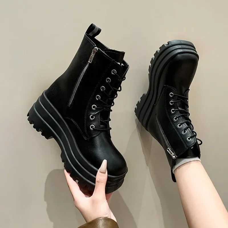 Womens Fashion Boots Thick Sole High Heels Trifle Base Side Zip Black Boots Outdoor Womens Shoes Commuting Spring and Autumn Z250704