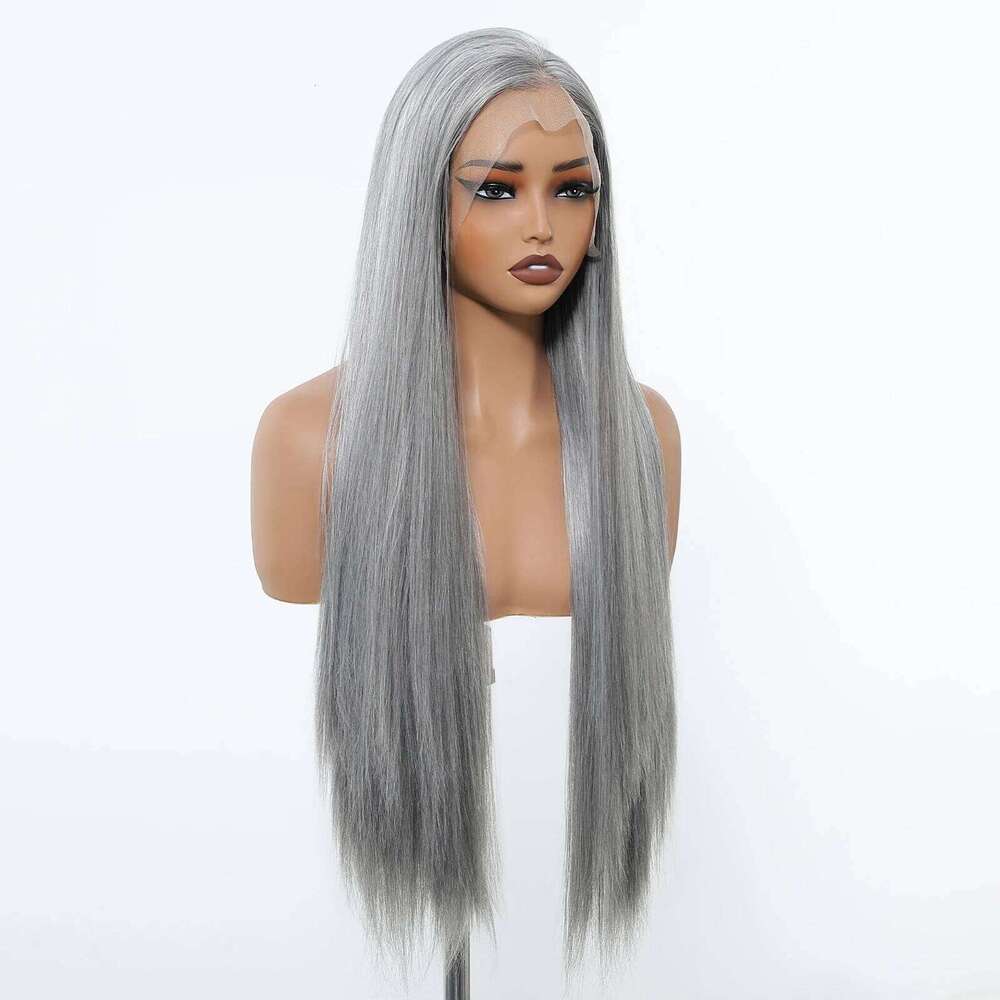 HENRY MARGU Long Straight Gray Front 13*3.5 Lace Frontal Wig Grey Synthetic Wigs for Women Cosplay Natural Fake Hair
