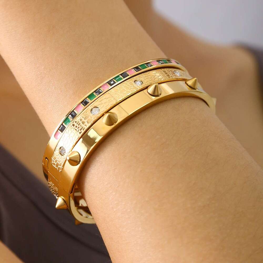 DHCollections 18K Gold Plated Geometric CZ Bracelet - Minimalist Stainless Steel Bangle for Women | Hypoallergenic Fashion Jewelry (58g)