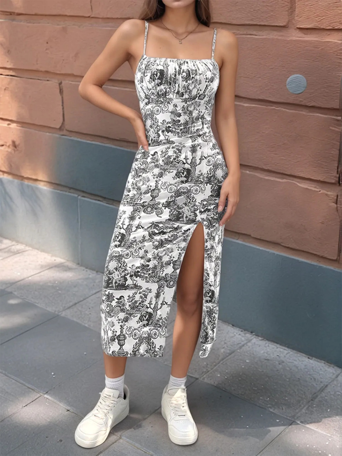Women Floral Print Sleeveless Dress High Slit Bodycon Midi Sundress French Vintage Style for Beach Date Night Office Party 250704