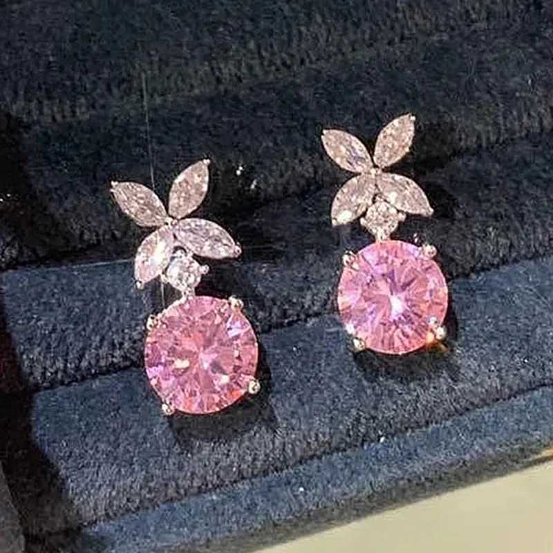 8 Exquisite Flower Dangle Earrings Pink Cubic Zirconia for Women Silver Color Temperament Sweet Accessories Fashion Jewelry Y250704