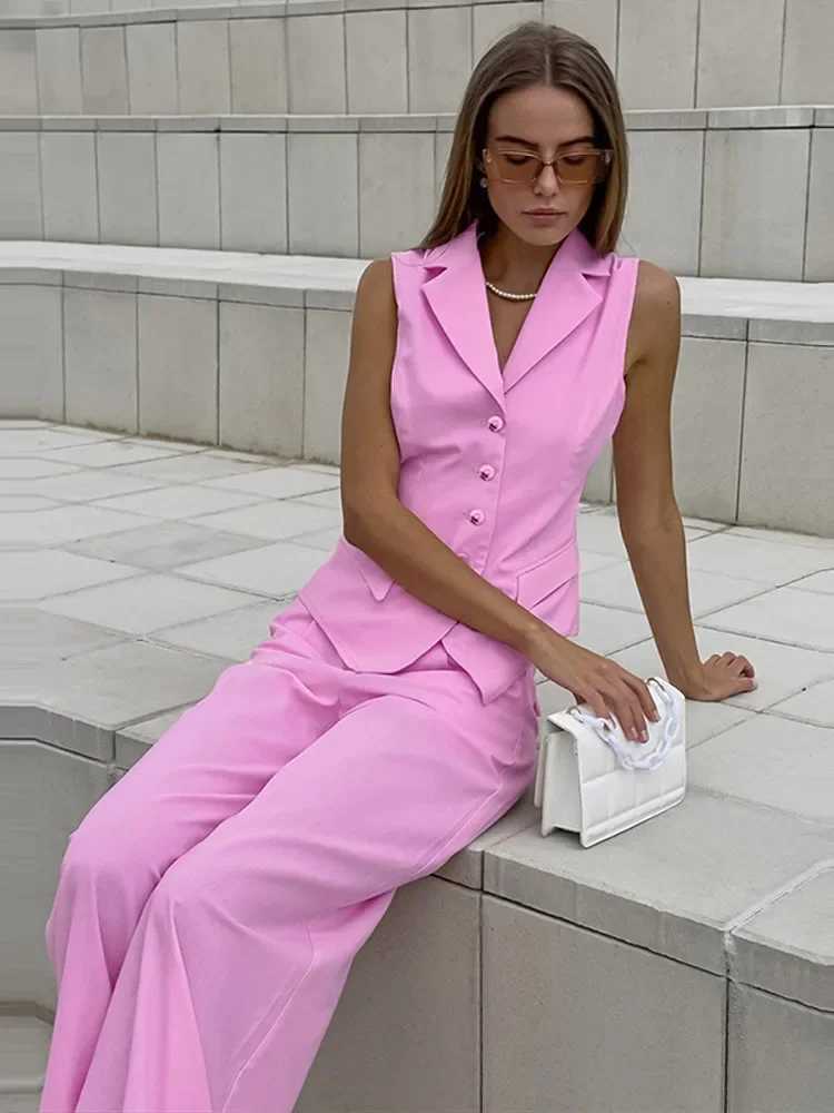 Lapel Single Breasted Vest Women Set Casual Solid Slveless Top Wide Leg Pleated Trousers Spring Summer Lady Outfit X250704