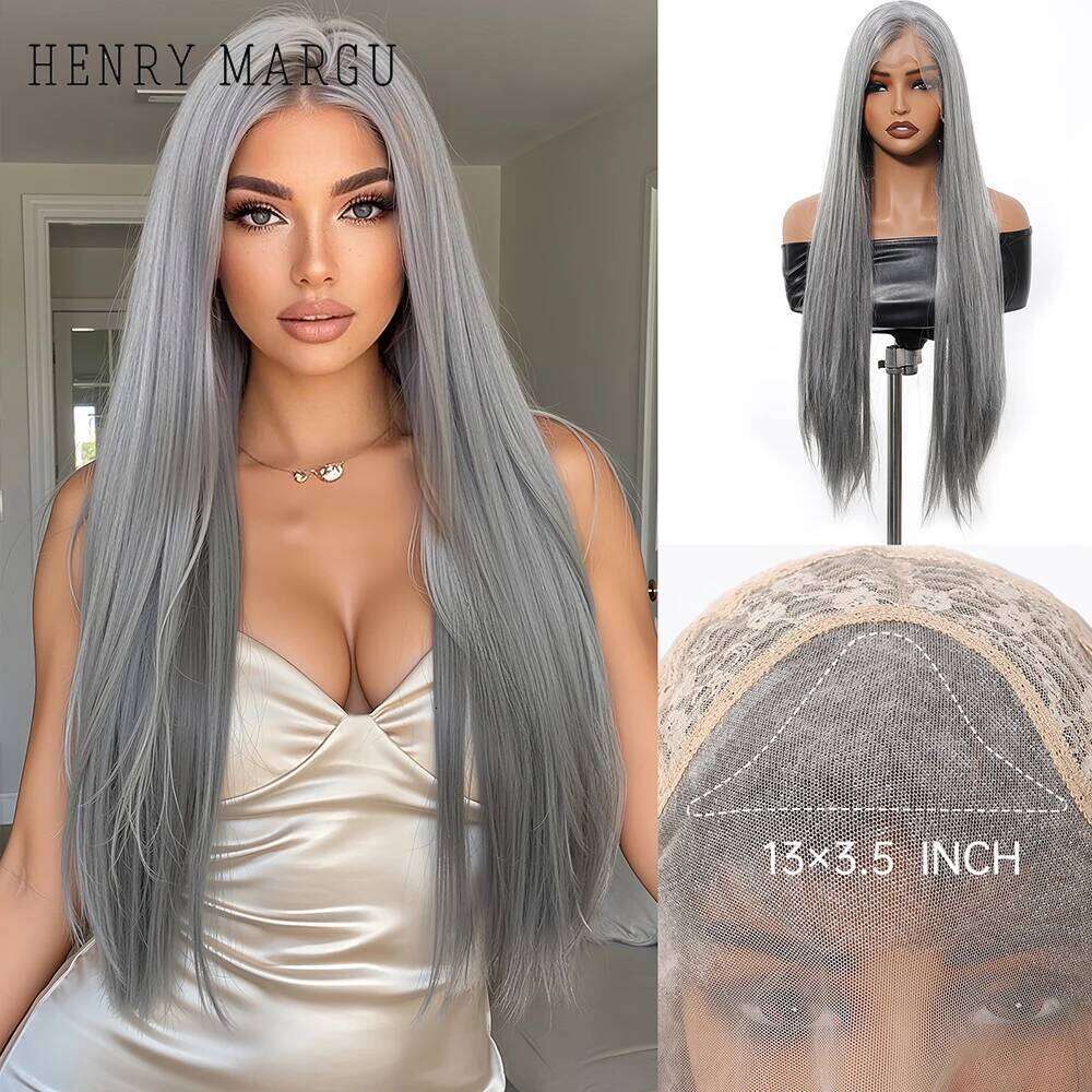 HENRY MARGU Long Straight Gray Front 13*3.5 Lace Frontal Wig Grey Synthetic Wigs for Women Cosplay Natural Fake Hair