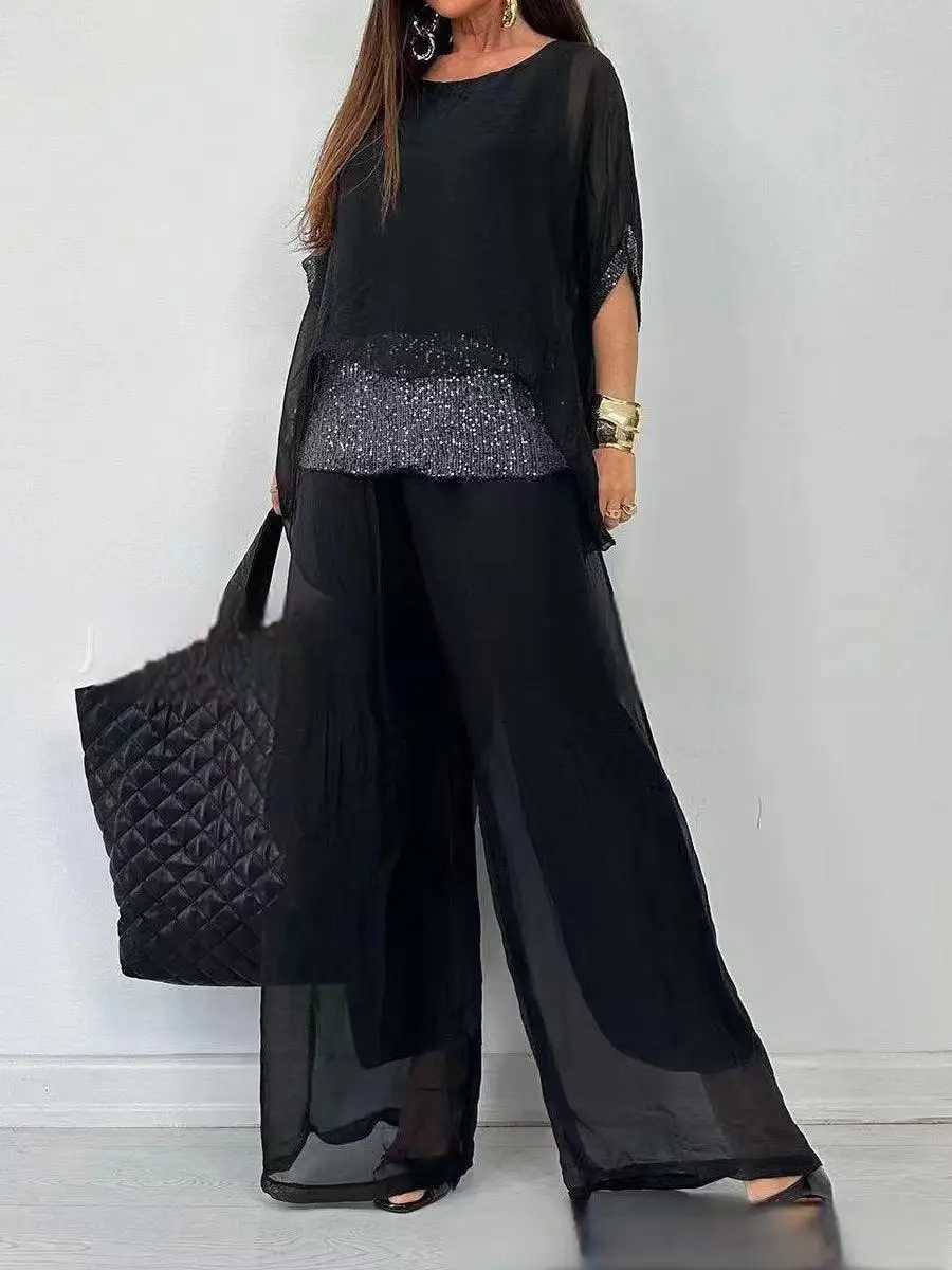 Fashion Solid Chiffon Suit For Women Casual Round Neck Bat Slves Sequin Top Wide Leg Pants Two Piece Set 2024 Summer New X250704