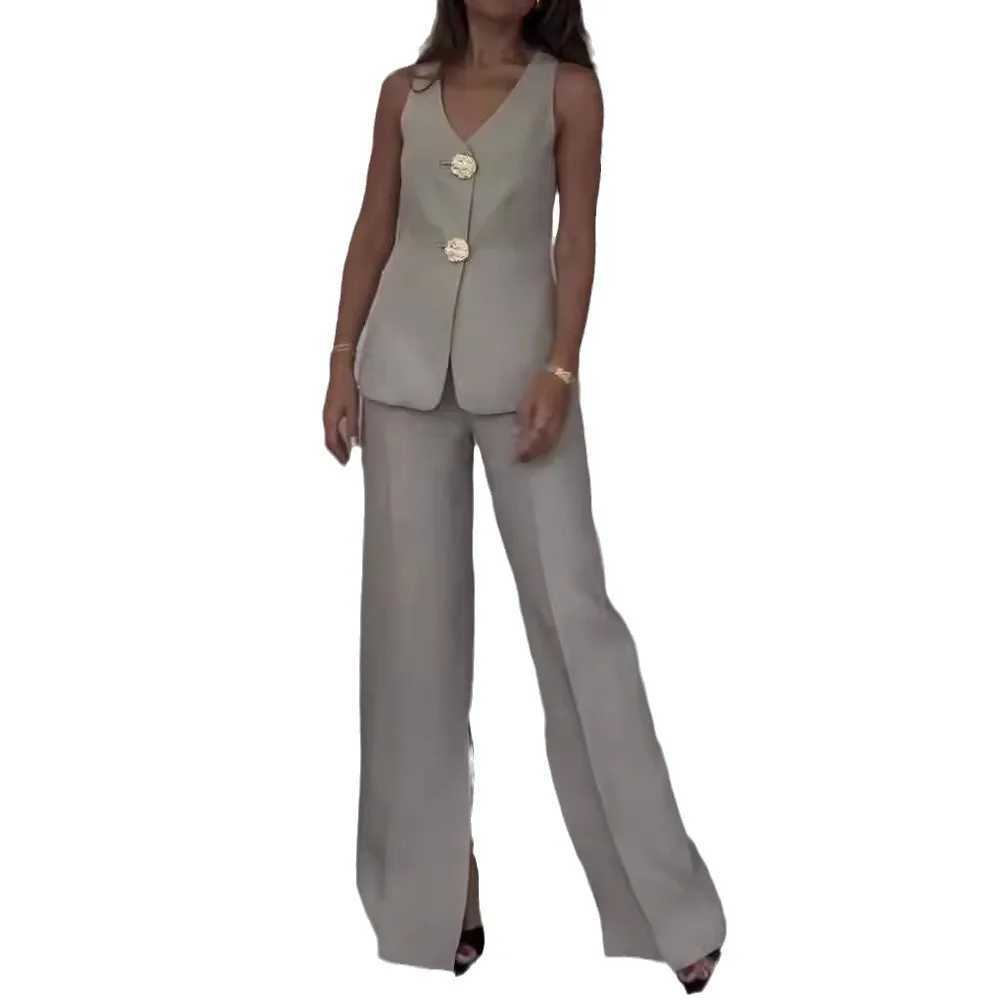 Elegant Office Lady 2 Piece Set Summer Simple V Neck Slveless Single Breasted Button Vest Top Loose Wide Legs Pants Suit X250704