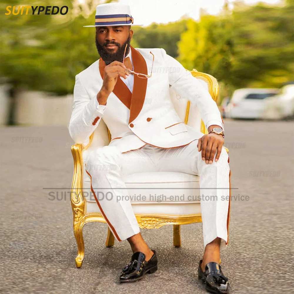 Fashion White Men Velvet Lapel Suit Sets New Design Slim Fit Blazer Pants 2 Pieces Formal Wedding Prom Groom Suit Attire X250704
