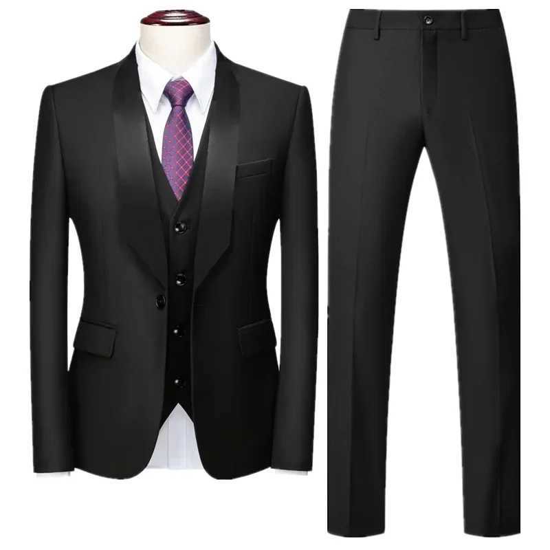 (Blazer + Pant + Vest ) Men Pure Colour Formal Wedding Suits Black / Blue Fashion Simple Male Business Social Tuxedo Dress Set X250704