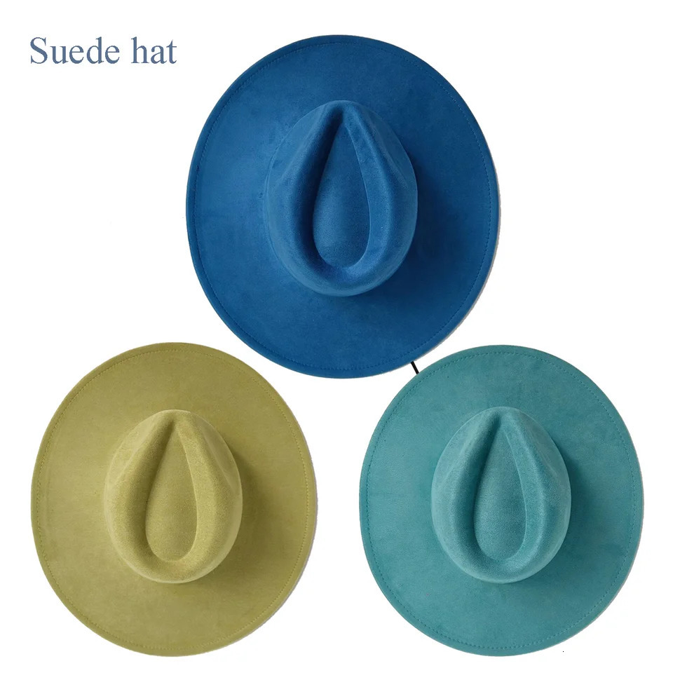 9.5 CM Big brim Jazz Fedora Hat Mens Suede Fabric Heart shaped Top Felt Hat Womens Peacock Green Party Tie Hat 250701