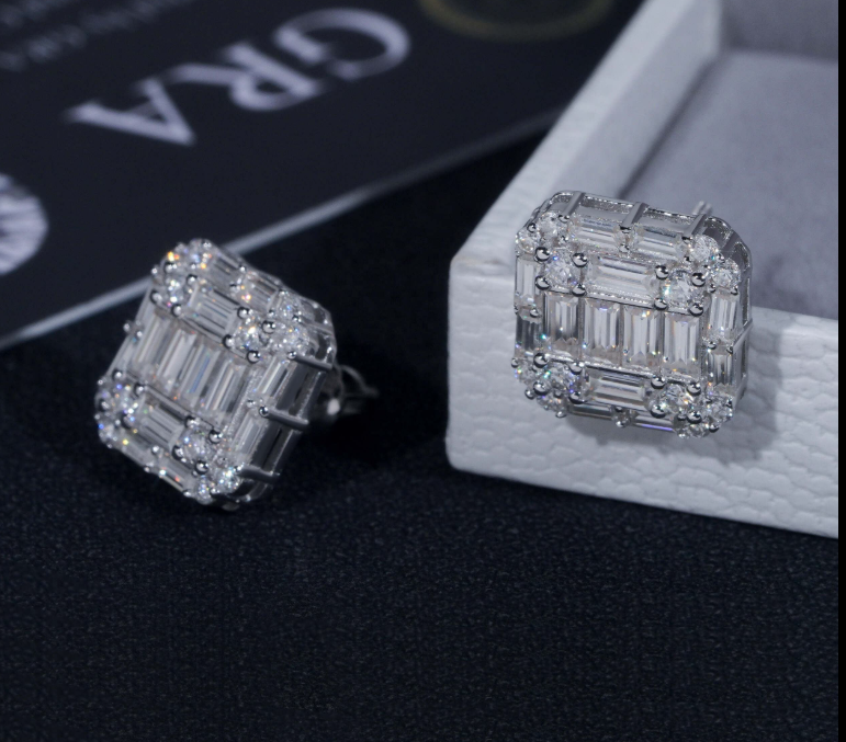 Hip Hop Style Baguette Moissanite Square Shape 925 Silver Mens VVS Diamond Stud Earrings