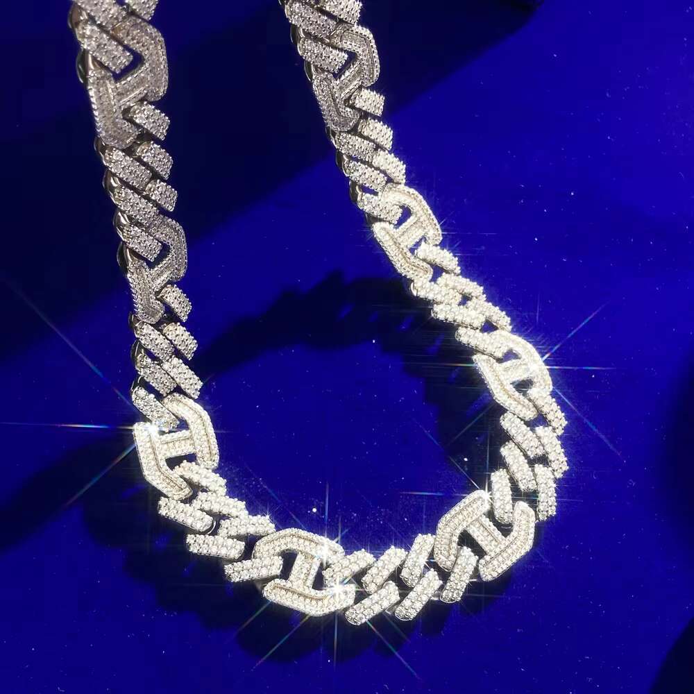 Hip Hop Jewelry 15.5MM Figarucci Coffee Bean Link Prong Zircon Claw Baguette Cut 925 Silver Cuban Chain Necklace