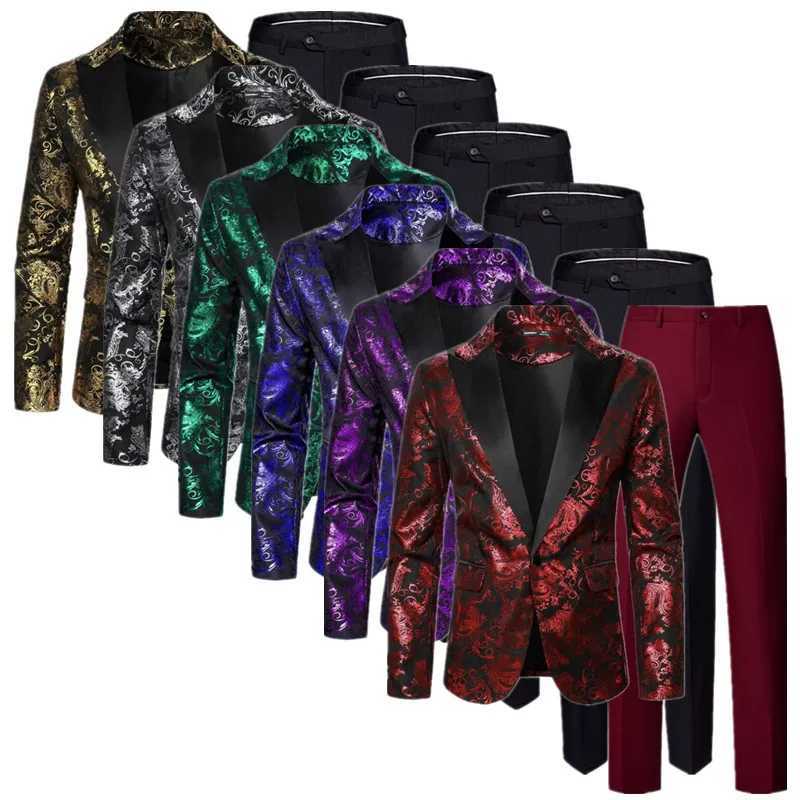 Fashion Mens Luxury Hot Stamping Suit 2 Piece Fashion Male Wedding Prom Party Bar KTV Stage Performance Flower Blazer and Pants X250704
