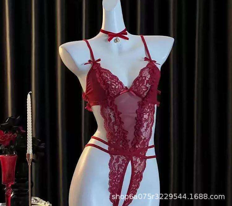 Sexy Lingerie New Sexy Lingerie Lace Bodysuit See-Through Robe Red Uniform Temptation Hollow Out Set For Women Women Lingerie