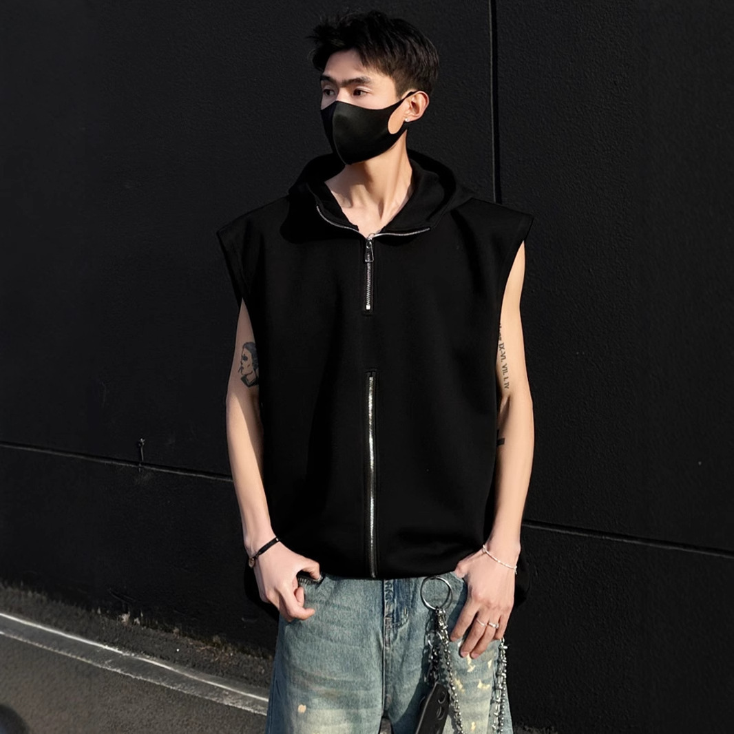 Double Zipper Designer Short Sleeves High-end Design V-neck Solid Color Hooded Men's Slogan Vest Summer Unisex Youthful Trendy Jacket
