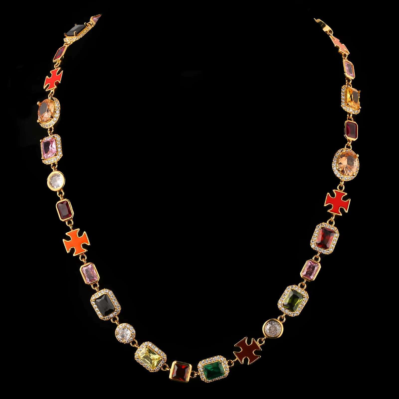 Gorgeous Mixed Gemstone Cross Tennis Chain 5A CZ Enamel Gem 18K Gold Plated Vintage Multi Colored Jewelry Necklace for Women Men
