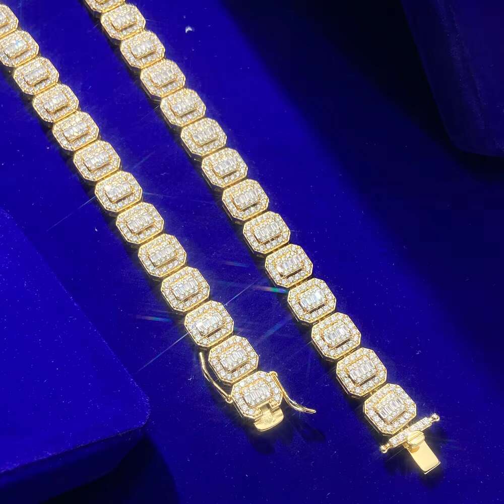 925 Sterling Silver Cz Baguette Paved Hip Hop Cluster Link Square Tennis Chain Necklace for Men