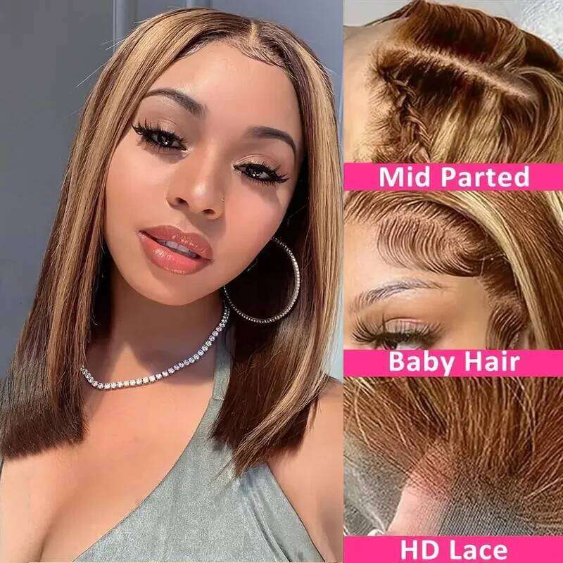 100% 13x4 Human Hair Lace Frontal Wig Ready Wear Bob Wigs 220Density For Black Women 4/27 Color Gold