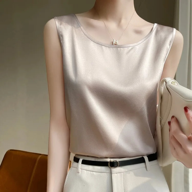 Round Collar Acetate Satin Top Women Silk Tank Woman Sleeveless Shirt Bottom Tops Luxry 250704