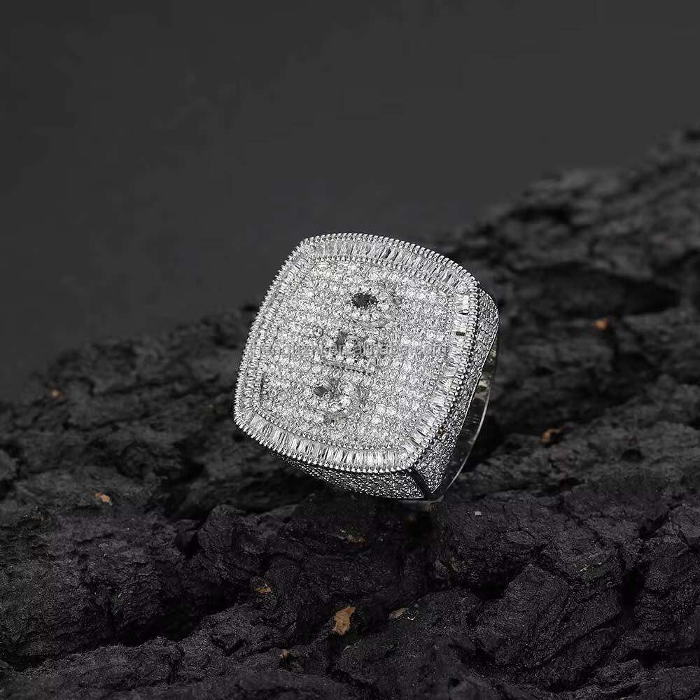 Luxury Mens Fashion Custom Gold Silver Plated Hiphop Style Moissanite Diamond Ring Square Design Customizable letters