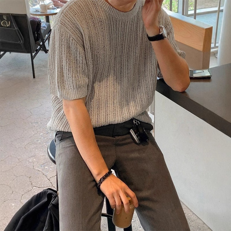 Knitted Short Sleeve T-shirt For Men, Summer Thin Korean Style Trendy Brand Designer Short Sleeves Casual Clothing, Popular Design Sense, Elegant Half
