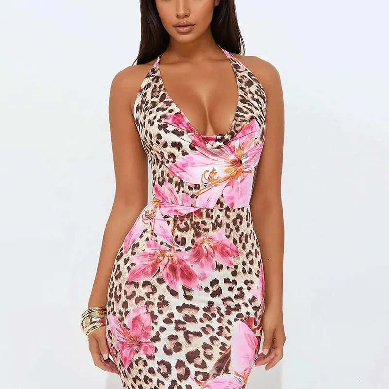 Womens Clothing Dress Summer Sexy Backless Print Leopard VNeck Dresses Streetwear Fashion Halter LaceUp Clothing 250704