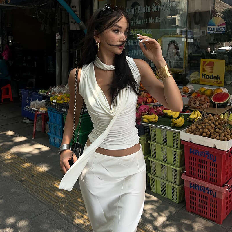 Ruffle Neck Sleeveless Vest for Women Summer Waist Slimming Sexy Fit Purple Tie Strap Top Outerwear 2025 Elegant Versatile New Trendy Fashion Ins