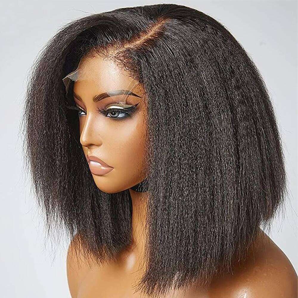 Transparent Kinky Straight Front Pre Plucked Yaki 5X5 Short Human Hair Wigs For Woman Natural Lace Closure Bob Wig