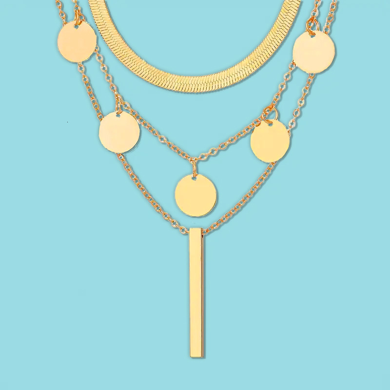 Gold Round Sequin 3D Rectangular Set Snake Bone Chain Layered Pendant Clavicle Necklace Jewelry