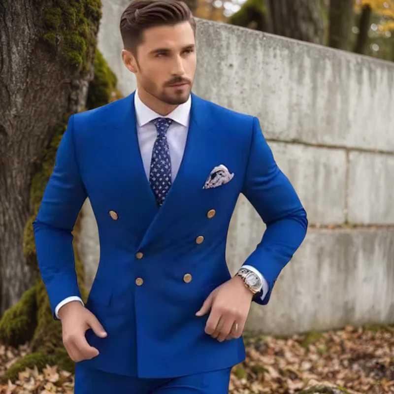 Classic Blue Men Suits 2025 Customize Double Breasted Peak Lapel Regular Length 2 Piece Jacket Pants Outfits Male Clothing X250704
