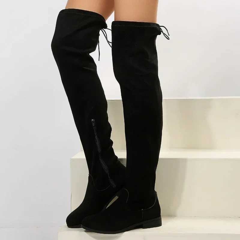 Faux Suede Female Thigh Gigh Boots Women New Autumn Zipper Elastic Knee-high Boots Woman Tube Lace-up Botas Mujer Size 43 Z250704