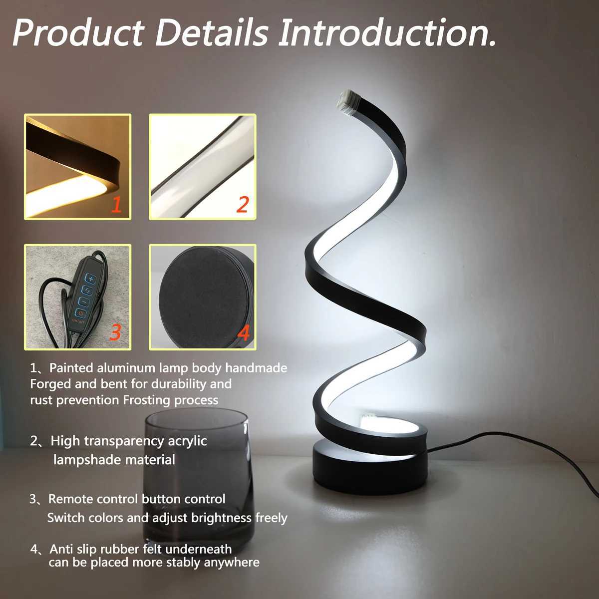 Modern minimalist spiral desk lamp wire controlled three color LED ambient light suitable for bars cafes bedrooms and roomsXJ250703