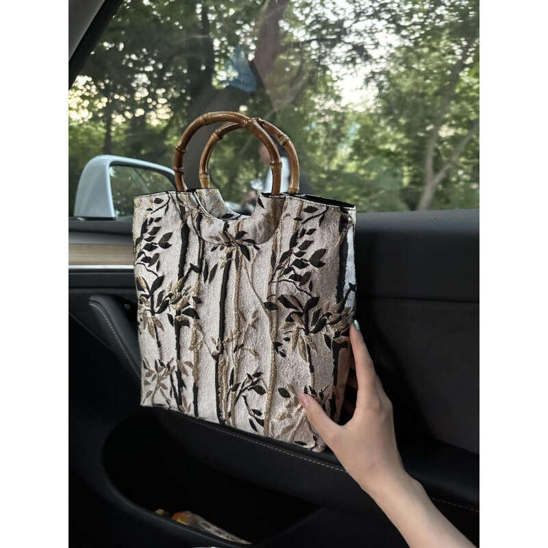 New Chinese Style Ink Painting Versatile Handbag Casual Niche Summer Bamboo Handle Bag for Women