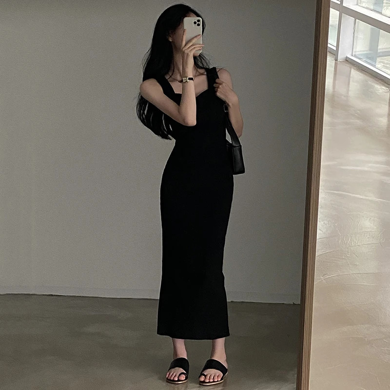 100% Cotton Basic Knit Long Dress Korean Fashion Square Collar Sleeveless Womens Dresses Summer Casual Y2k Vintage Allmatch Outfits 250704