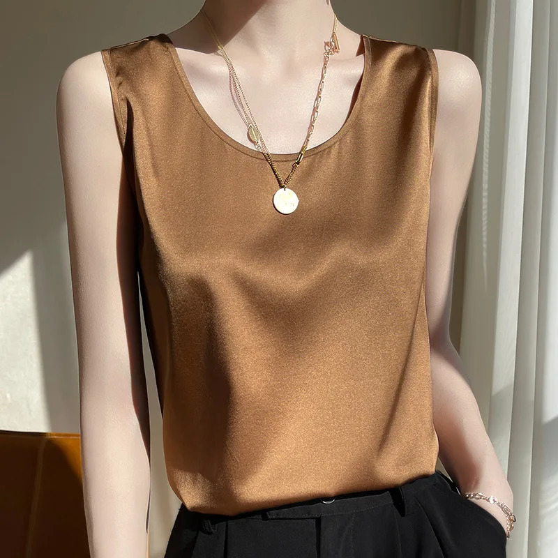 Round Collar Acetate Satin Top Women Silk Tank Woman Sleeveless Shirt Bottom Tops Luxry 250704