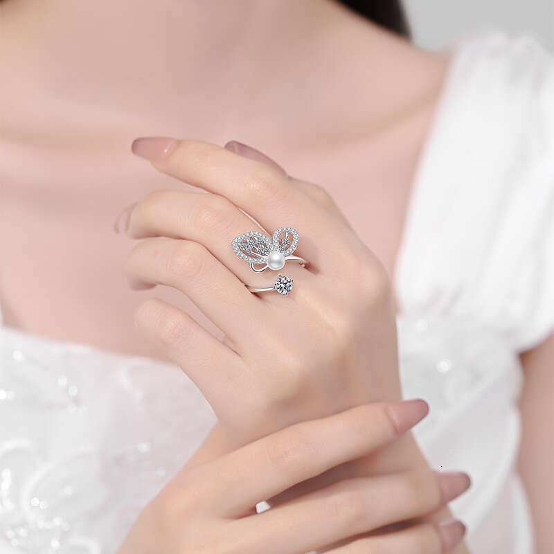 S925 Pure S925ilver MoiS925S925anite FreS925hwater Pearl Butterfly Ring AdjuS925table for Women 92f