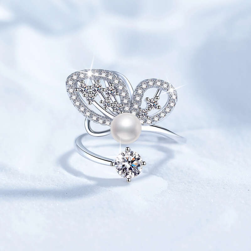 S925 Pure S925ilver MoiS925S925anite FreS925hwater Pearl Butterfly Ring AdjuS925table for Women 92f