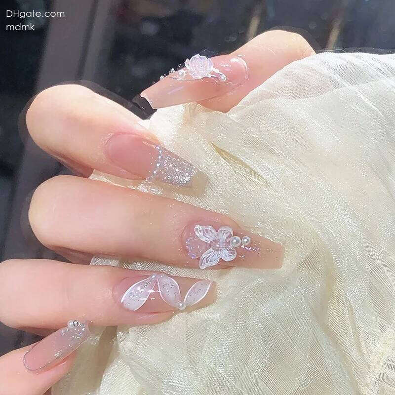 24pcs Wearable Pink Press On Fake Tips Gel Design Butterfly Lovely Girl False Nails With Wearing Tools X250704