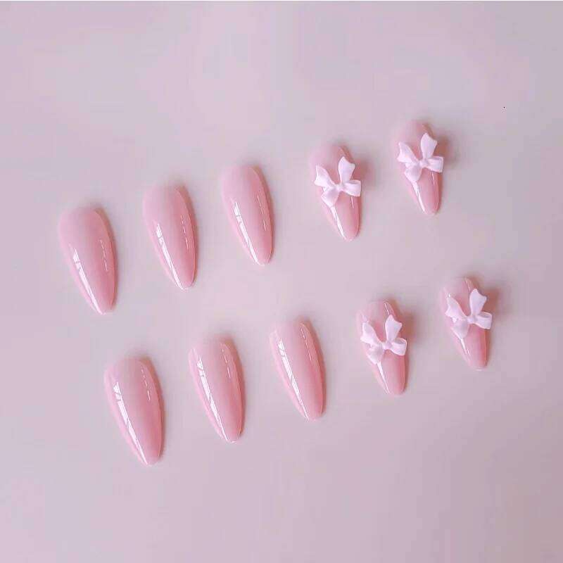 24Pcs Medium Al Press-On Pink Nails Glossy Elegant Full Cover Nail Tips with Bow Design for Daily Simple Beauty Finger Wear X250704