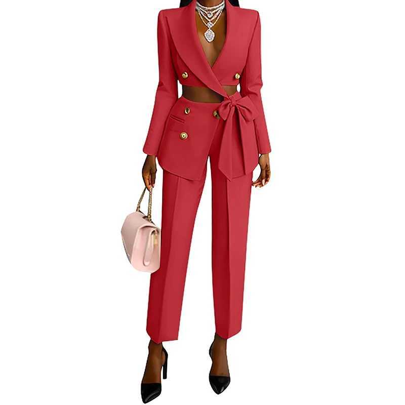 Elegant Lapel Bow Lace-up Blazer Long Pant Set Women Casual Long Slve Solid Two Piece Suit Fashion Button Commuting Outfits X250704