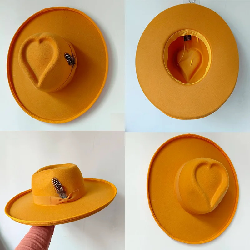 Yellow Love Fedora hat 10cm brim Fedora hat Green mens and womens bow wide brim Panama hat Unisex 250701