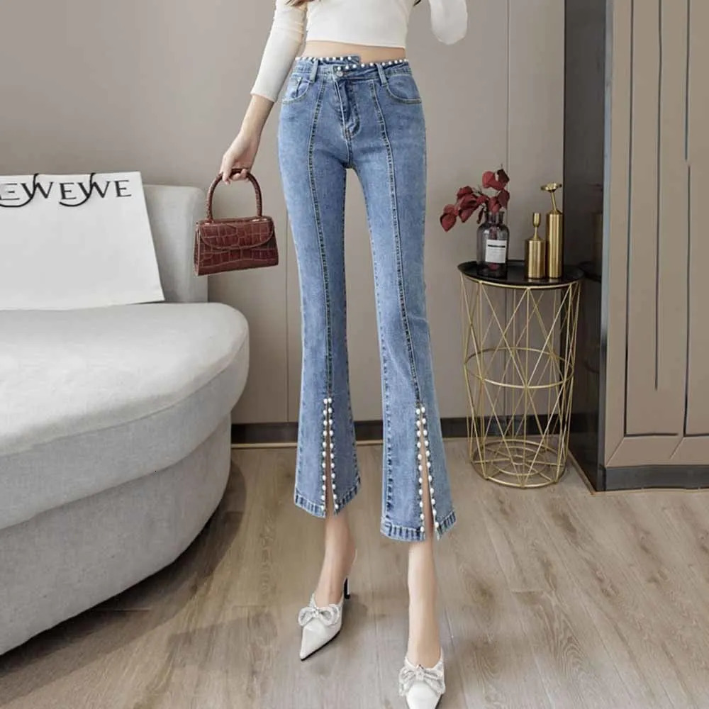 High Waist Denim Pants Women Spring Autumn Fashion Trumpet Trousers Female Slim Stretch Split Beaded Pearls Jeans Woman 250704