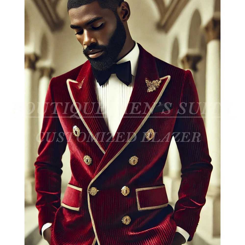 Luxury Red Corduroy Mens Suits Outfits Fashion Double Breasted Peak Lapel Blazer Elegant Wedding Male Clothing Terno Outfits X250704