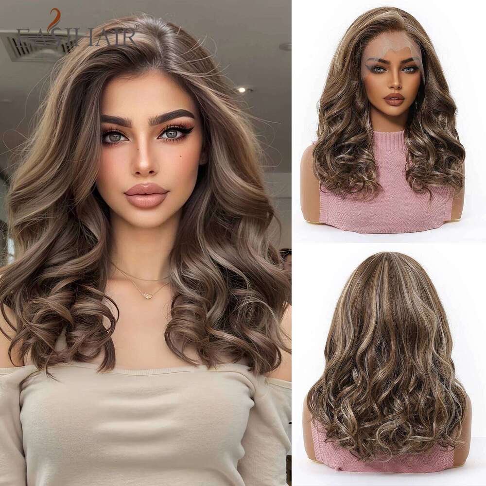 EASIHAIR Medium Length Brown Highlight Synthetic for Women 13*6 Lace Frontal Hair Natural Hairline Curly Wavy Wigs