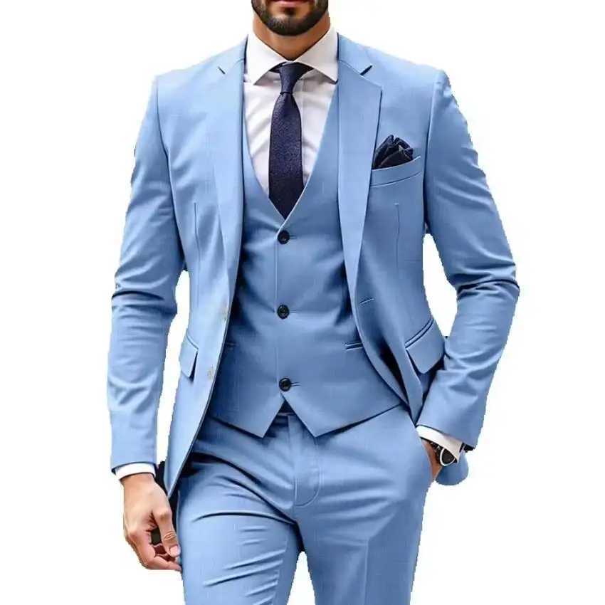 New Light Blue Men Suits 3 Piece Jacket Pants Vest Single Breasted Notch Lapel Formal Wedding Blazer High Quality Costume Homme X250704