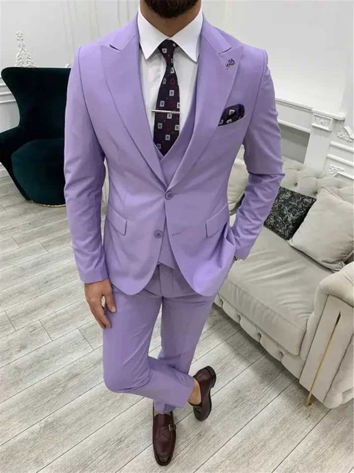 3 Piece Light Purple Mens Suits Elegant Full Set Single Breasted Peaked Lapel Formal Outerwear (Jacket+Pants+Vest) Costume X250704