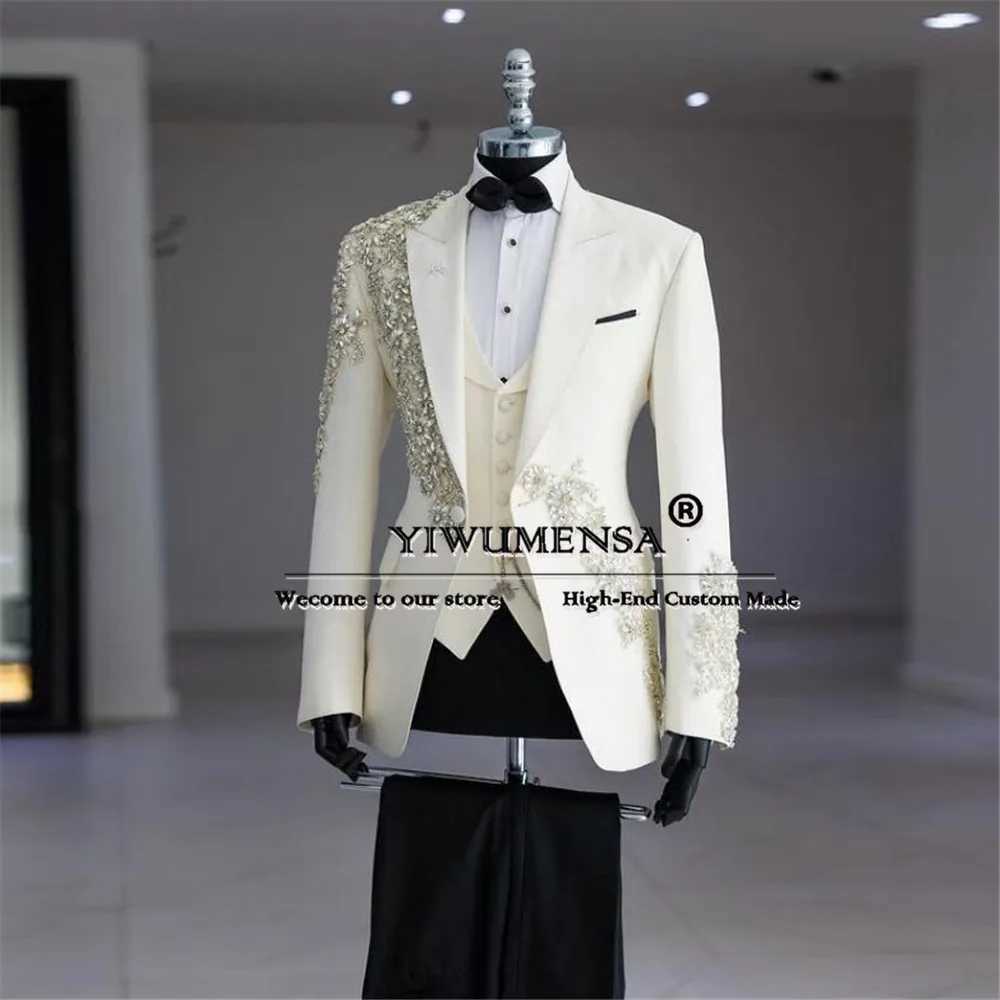 Man Sliver Beaded Suits Slim Fit 3 Pieces Formal Party Groom Wedding Tuxedos Customized Single Breasted Prom Blazers Man Dresses X250704