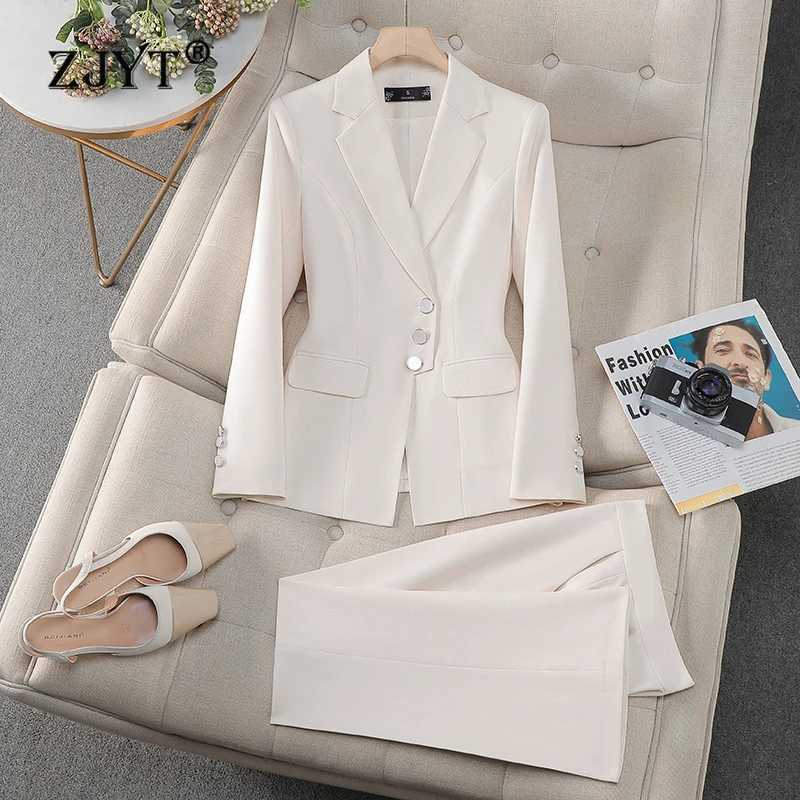 ZJYT Elegant White Blue Women Pant Suit Office Ladies Female Business Work Wear 2 Piece Set Formal Blazer Jacket and Trouser Set X250704
